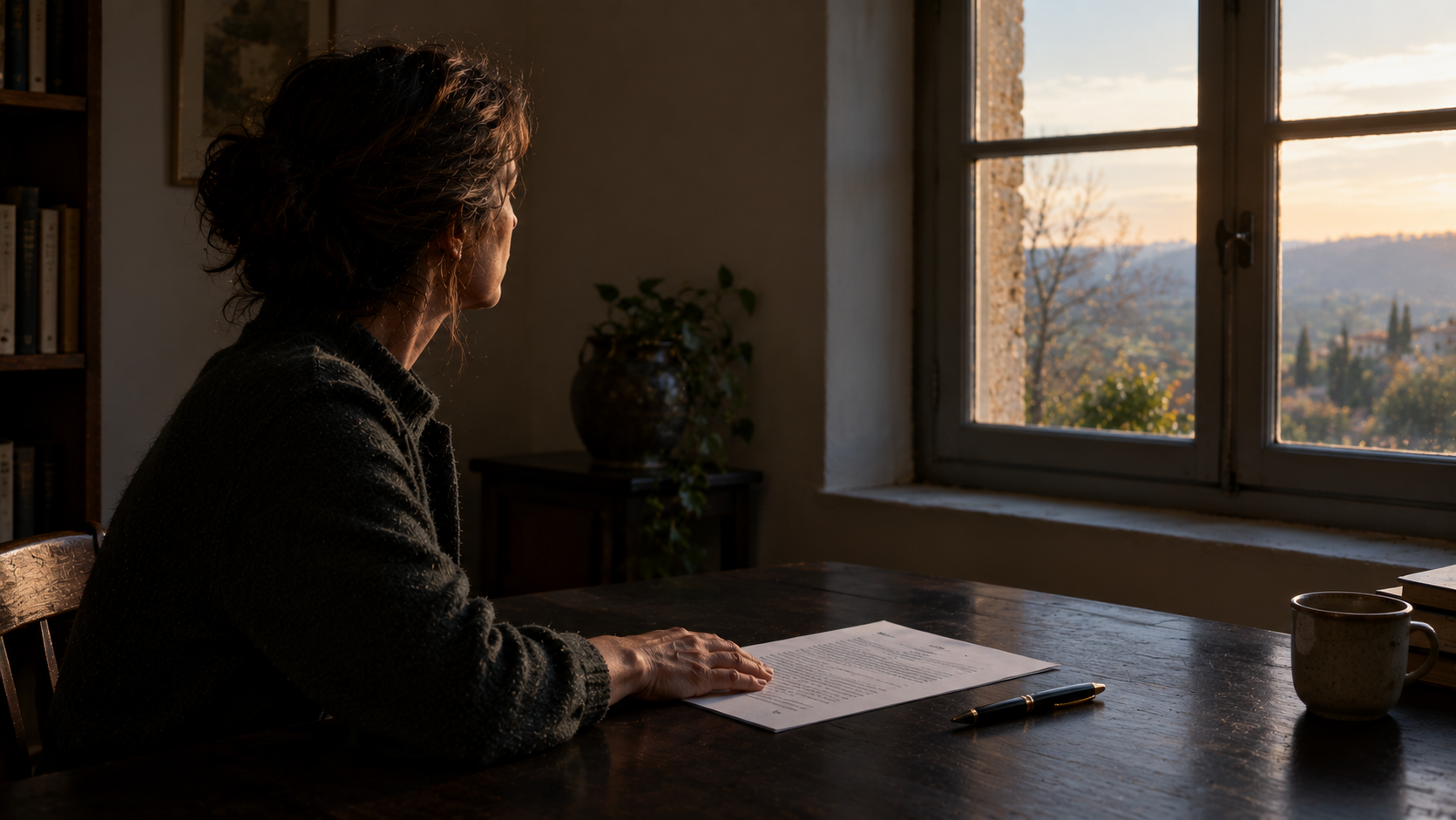 Observation et décision : une femme à une table, la main posée à plat sur un document, le stylo reposé à côté, le regard tourné vers la fenêtre